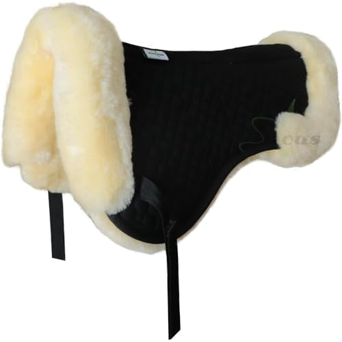 Woolous Schafsfell Schabracke Pferd, Schwarz-Beige Lammfell Halb Reitpad, Super Weiche Wolle Futter Pferd Ausrüstung mit Klettverschluss für Reiten, Dressur