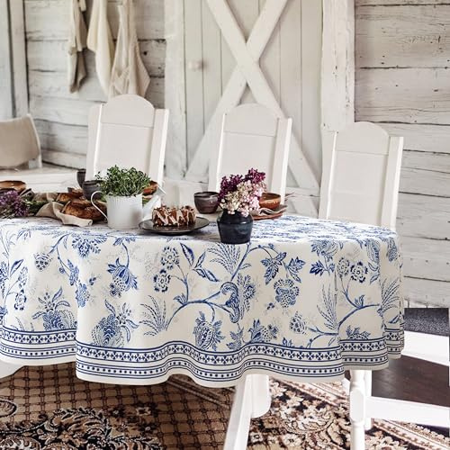 Blaue ovale Tischdecke 152 x 305 cm mit blau-weißem französischem Landhausmuster, aus wasserdichtem Polyester – rustikal, ideal für Bauernhausküche, drinnen und draußen, Feste und Picknicks