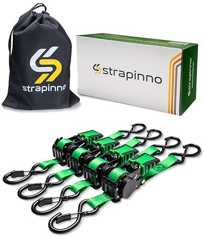 Strapinno 4 einziehbare Ratschengurte mit Ratschenspanngurt mit gummiertem Stahlgriff, S-Haken, Bruchfestigkeit je 680 kg (grünes Band, schwarz beschichtet)