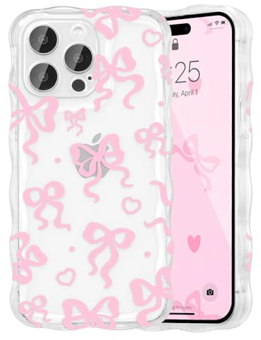 UEEBAI for iPhone 15 Pro Max Case 6.7, Bow Wavy Cute Ribbon Pretty Aesthetic Case Curly Stylish Soft Wave Clear Phone Shockproof Protective Pretty Cover for Women Girl - Pink