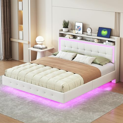 Rtopsu Letto Imbottito Letto Matrimoniale 160x200 cm con illuminata a LED e Porta USB, Letti con Testata Contenitore, Struttura Letti con Metallo e Doghe in Legno, Lino, Beige, Senza Materasso