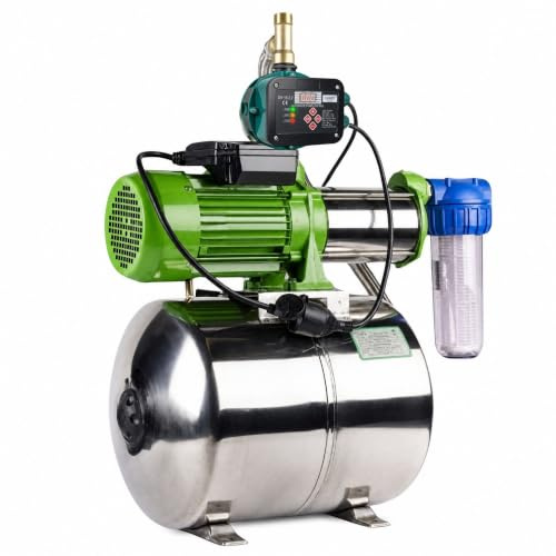 CHM GmbH® Hauswasserwerk 24L Edelstahl, 5,5 Bar, 8700 L/h + el. einstellbare Pumpensteuerung (LCD Display) mit Trockenlaufschutz, Gartenpumpe Förderhöhe 55m