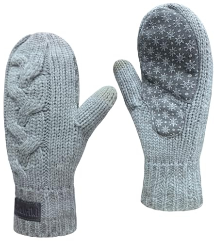 Jökulríki Touchscreen Mittens for Women Sherpa Lined Cold Weather Chunky Cable Knit Mitt Gray