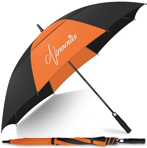 NINEMAX Stort Golfparaply Automatisk Öppning 68 inch, Golfparaply Dubbla Tak, Vindtätt med Rem för Män Kvinnor(Orange/Svart)