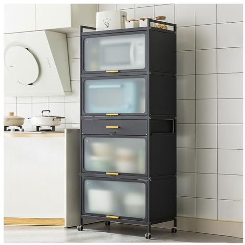 Küchenregal mit 5 Ebenen, mit Mikrowellenständer, Schublade und Klapptür, schwarz, 70 x 170 cm, Küchenaufbewahrung, Organizer für Zuhause, Büro, Rollräder für einfache Mobilität