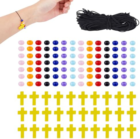 SUPERFINDINGS 42 uppsättningar gör-det-själv korshänge och armband set med trä korshänge och 20 olika pärlor tro pärlor kors set kristna partypresenter för söndagspyssel
