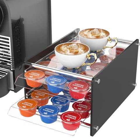 LUGUNU Acrylic 2 Tier Coffee Pod Drawer Holder - 30 Pods Storage Organizer with Tea Cup Storage Top,Office,Coffee Station Accessories, Home