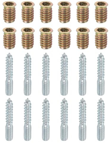 TOP-VIGOR 12Pcs M8x50mm Hanger Bolts, 31mm Wood Dowel Screw Self-Tapping Screw with M8x20mm Threaded Insert Nuts Interface Hex Socket Drive for Joint Furniture Legs