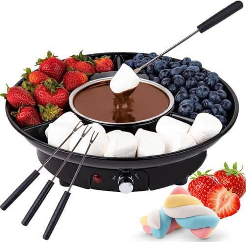 GHRERTX Electric Chocolate Fondue Set,Electric S’mores Maker & Fondue Pot with 4 Steel Forks and 40°/70° Adjustable Temperature, 9-ounce Detachable Bowl,for Chocolate Melts Cheese Melts black(Black)