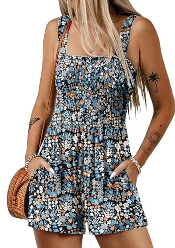 QUNERY Combinaison Femme Ete Combishort Encolure Carrée sans Manches Courte Boheme Motif à Fleurs Jumpsuit avec Poche Bleu XL