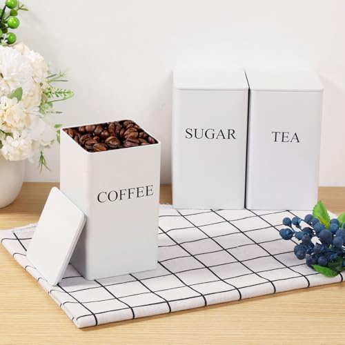 QINGLANG 3 barattoli in metallo per tè, caffè e zucchero, 1000 ml, con coperchi ermetici, versatili da cucina, contenitori in latta per cucina di casa (bianco)