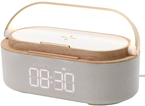 Steowsey Lampe de Bureau Charge sans Haut-Parleur Réveil Numérique avec Chargeur sans Radio-Réveil Veilleuse Double Haut-Parleurs Maison Chevet
