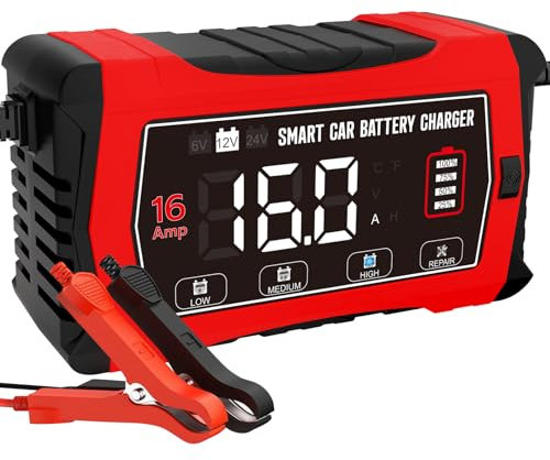 16A Autobatterie Ladegerät, 6V/12V/24V Smart Vollautomatische KFZ Batterieladegerät LiFePO4 Ladegerät LCD Display Temperaturkompensation Reparaturmodus Ladegeräte für Autobatterien für Auto PKW Boot