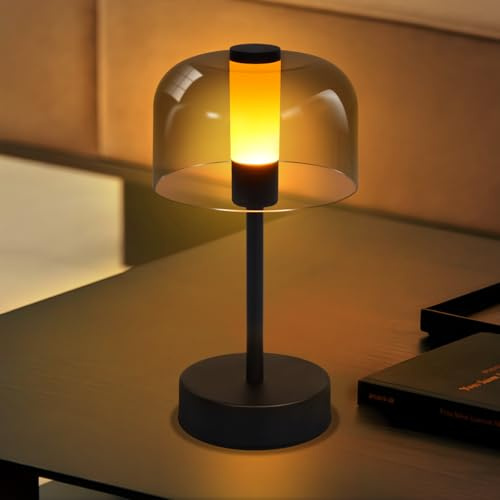 Homefire Tischlampe Akku LED Dimmbare Tischleuchte - Kabellos Nachttischlamp USB-C Aufladbar 1800K-6500K aus Metall+Acryl Schwarz Touch Lampe mit Speicherfunktion Für Innen Outdoor Camping