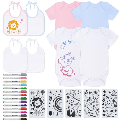 Spetsbst 27 stycken babyhaklappar för målning, bodys för målning för baby shower set med 4 kortärmad body av bomull dubbelsidig, 4 haklappar med 14 färgade textilstift, 5 målningsmallar