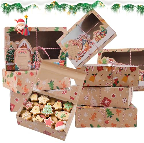 Koxtyzo 12 Piezas Cajas de Galletas de Navidad con Ventana Transparente, 22x15x7cm Cajas Regalo Navidad, Caja de Papel Kraft Navidad para Pastelería Cupcakes Galletas Dulces Chocolate(B)