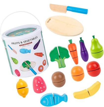 Interactive Kids Kitchen Play Set With Realistic Wooden Food Slices Storage Bucket Early Learning Wooden Food Classification Toy