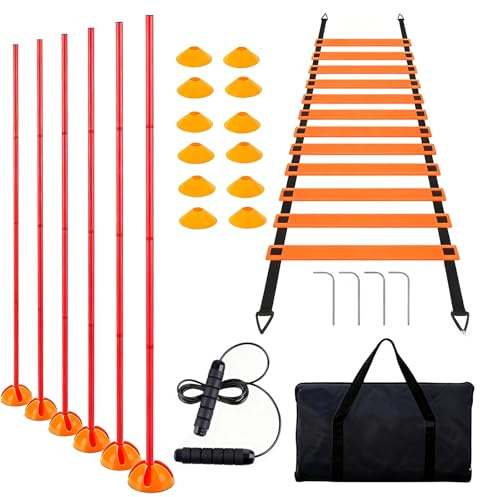 Kvittra 6PCS 6FT Adjustable Soccer Agility Training Poles, Soccer Agility Training Equipment with 20 ft Speed Ladder, 12 Disc Cones and Weighted Jump Ropes, Speed & Agility Turf Training Poles Drills