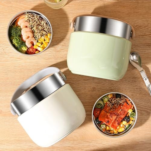 Récipient alimentaire isotherme de 1500 ml avec bouchon à vis anti-fuite, bol isotherme en acier inoxydable avec cuillère pliable et compartiments de séparation des aliments (A)