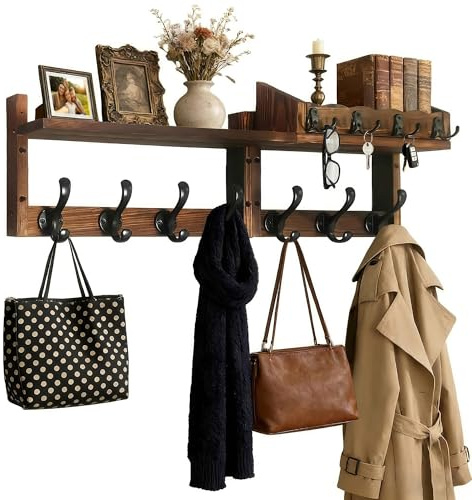 AJIEQAQ Wandgarderobe aus Holz für die Wand mit Ablage (67x22,5x11cm), 4-in-1 Garderobenleiste mit 11 Metallhaken & Schlüsselbrett, Hakenleiste für Flur, Schlafzimmer, Bad – Rustikales Braun