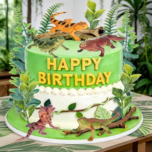 9 PCS Reptile Cake Toppers Safari Animals Cake Decor | Artificial Lizard Snake Leaf Set Reptile Party for Birthday Baby Shower Theme Party Supplies