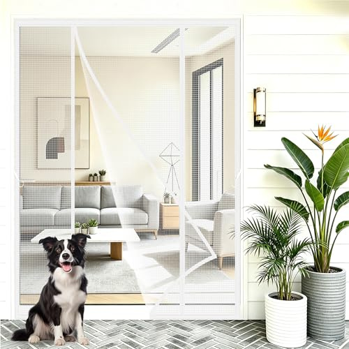 Magnetic Fly Screens for Double Doors 145x200cm Double Door Anti-Tearing Fly with Hook Loop Powerful Magnets No Drilling Keep Your Home Cool & Bug-Free White