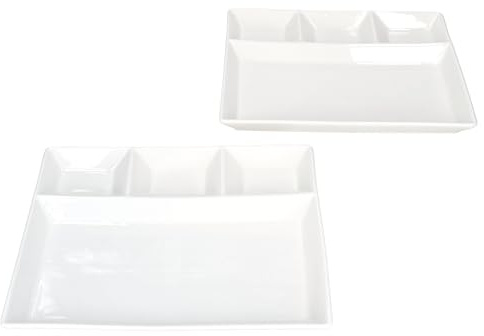 MamboCat 2er Set Fondueteller I Porzellan weiß I rechteckig mit 4 Fächern I 23 x 18 cm I unterteilter Teller für Fondue, Dips, Raclette, Snacks & Beilagen