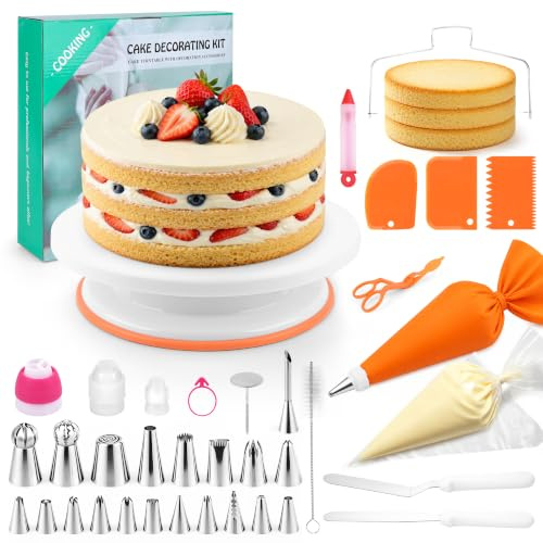 Tortenzubehör Set 61-teilig, Tortenplatte Drehbar mit Spritztüllen Set, Einweg Spritzbeutel, Tortenretter & Backzubehör, Komplettes Torten Dekorieren Set für Anfänger & Profis