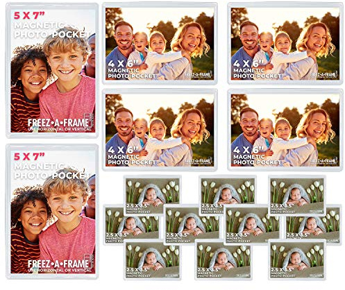 Freez-A-Frame Clear Magnetic Picture Frames For Refrigerator School Locker, or any Magnetic Surface 16 Pack Holds (2) 5 x 7 (4) 4 x 6 (10) 2.5 x 3.5 Exclusive Photo Pockets
