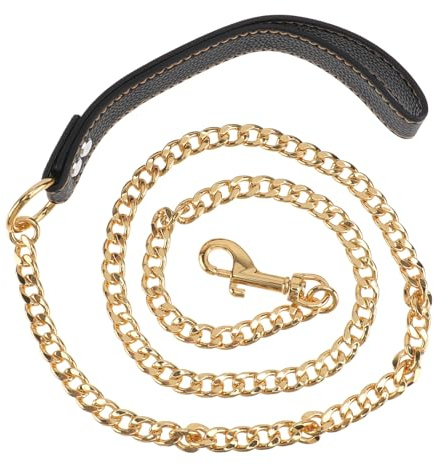 iplusmile Hundeleine Golden Metal, Goldenes Edelstahl Kettenhalsband, Goldkettenleine für große, Hunde Leine Chain mit Ledergriff Haustierleinenkette