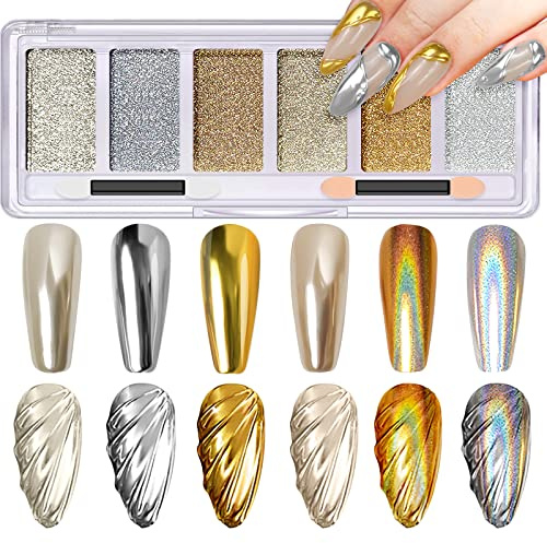 Silber Gold Chrom Nagelpuder - Holografisches Schillerndes Silber Chrome Powder für Nägel Metallischer Spiegeleffekt Chrom Nail Art Pulver Pigment Glitzer mit Applikatoren