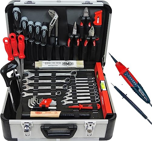 FAMEX 729-86 Profi Werkzeugkoffer bestückt mit Werkzeug-Set - Werkzeuge aus deutscher Produktion - Bundle mit 2-poligen Spannungsprüfer