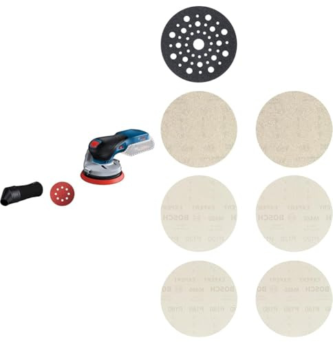 Bosch Professional 18V System GEX 18V-125 - Lijadora excéntrica a batería (Ø 125 mm, en caja) + 7 piezas Kit de iniciación Expert M480 (para Madera dura, Pintura sobre madera, grano 80/120/180)