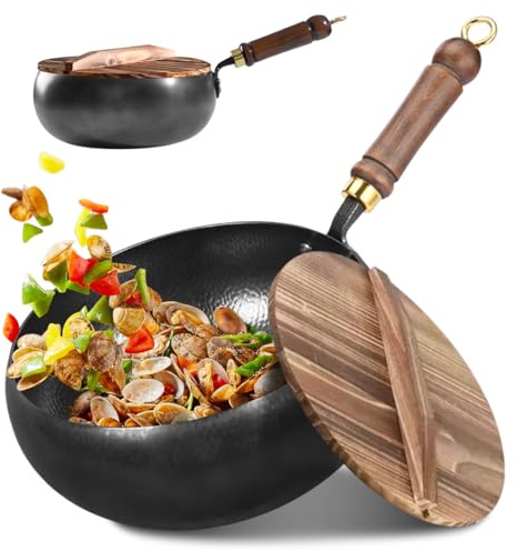 RANJIMA Eisenpfanne, Unbeschichtete Eisenpfanne Geschmiedet, 24cm Handgeschmiedeter Eisentopf mit Holzdeckel, Großer Bauch Topf, Suppentopf, Bratpfanne, Japanische Pfannen für vielseitiges Kochen