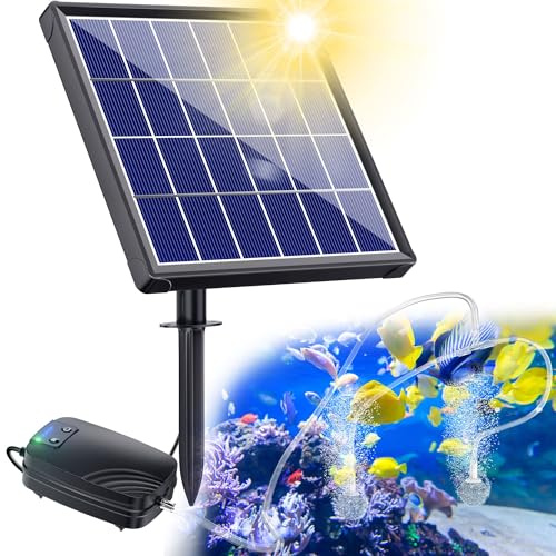 Biling Aérateur de bassin solaire - Pompe à oxygène avec batterie 2200 mAh - Panneau en verre de 2,5 W - Tuyau de 3 m - IPX5 - Silencieux - Pompe à air solaire pour étang de jardin, citerne d'eau de