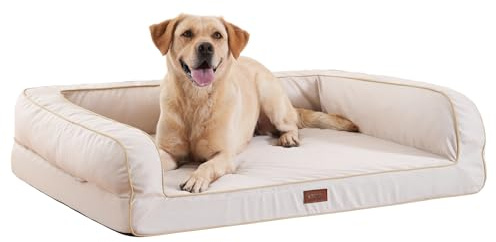 EMME Hundsäng medelstora hundar, 91 x 71 x 23 cm, ortopedisk hundsäng, minnesskum, hundsoffa, vattentät hundkudde, hundkorg för stora hundar, hundsäng, tvättbar med kant, beige