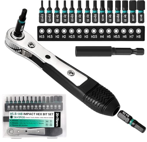 Allen Key Drill Bit Set, CYLBAQ 16PCS Metric Allen Bits H1.5-H8 | 25mm Long Hex Bit Set with 75mm Extension Bit Holder & Mini Ratchet Wrench, 1/4 inch Hex Shank S2 Steel Magnetic Alan Keys