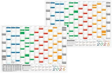 Rainbow Wandkalender/Wandplaner 2025 + 2026 (gerollt) DIN A2 Format (420 x 594 mm) 14 Monate, komplette Jahresvorschau Folgejahr und Ferientermine Feiertage aller Bundesländer