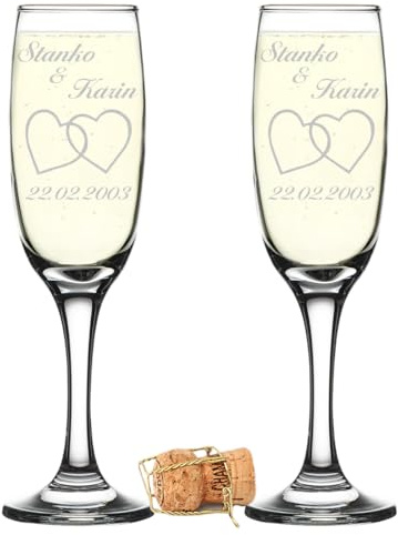 2er Set Sektgläser mit Gravur Hochzeitsgeschenke personalisiert für Brautpaare mit Herzen, Namen und Datum - Geschenkidee zur Hochzeit -Gläser für Champagner, Sekt oder Prosecco für Paare