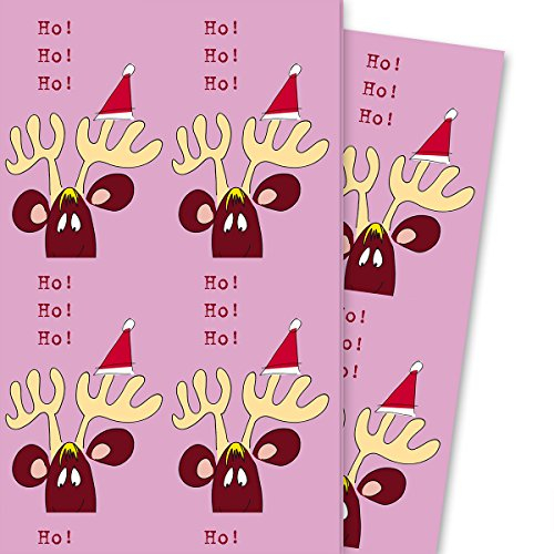 Lustiges Weihnachtspapier/Weihnachts Geschenkpapier mit komischem Elch: Ho Ho Ho, rosa (4 Bögen, 32 x 48 cm) Dekorpapier, Papier zum Einpacken, für tolle Geschenk Verpackung und Überraschungen
