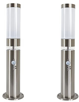 Dapo® 2x LED-Edelstahl-Außen-Sockel-Wege-Leuchte LISA H: 50 cm, D: 7,6 cm, Kunststoffglas, Bewegungsmelder, Hauptlicht E27, max. 40W, Grundlichtring 12 LEDs fest eingebaut, Dämmerungssensor, IP44