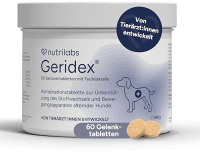 NutriLabs Geridex® Tabletten für Senioren-Hunde 60 STK. - Seniorentabletten für Hunde mit Glucosamin, Weißdorn u.v.m. - Hunde-Nahrungsergänzung - Teufelskralle-Tabletten - MSM-Hund