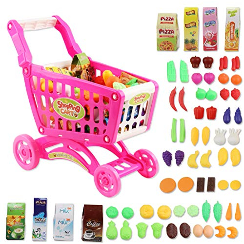 deAO Kids Shopping Cart Trolley Toy, 65pcs Supermarket Playset Cart with Food Fruit Vegetables, POS Machine, Plastic Money, Credit and Shopping Cards - Pretend to Play Role Play Educational Toy (Pink)