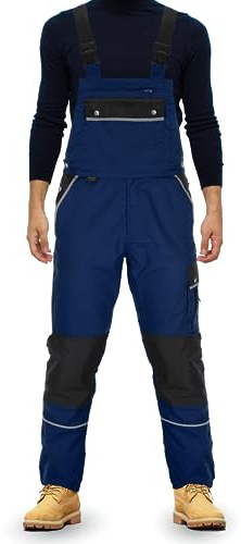 TMG® | Lange Arbeitslatzhose Herren, Latzhose mit Kniepolstertaschen Cordura, Arbeitshose mit viel Stauraum | Navy 50 | Latzhose Herren mit Reflektorstreifen, 320 g/m² robuster Blaumann Herren, Arbeitsoverall Herren mit vielen Taschen