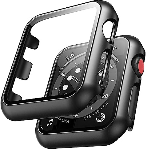 TAURI 2 Stück Hülle Mit Tempered Glass Displayschutz Designed für Apple Watch 42mm Series 3 2 1 360° Rundum Schutzhülle Ultradünne PC Hardcase Kompatibel Mit iWatch 42mm - Schwarz