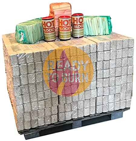 Great British Product - Hotblocks Briquettes 3/4 Handy Pallet, contains 72 packs of briquettes, 3 nets of Kindling and 3 tubs of natural fire lighters on one pallet.