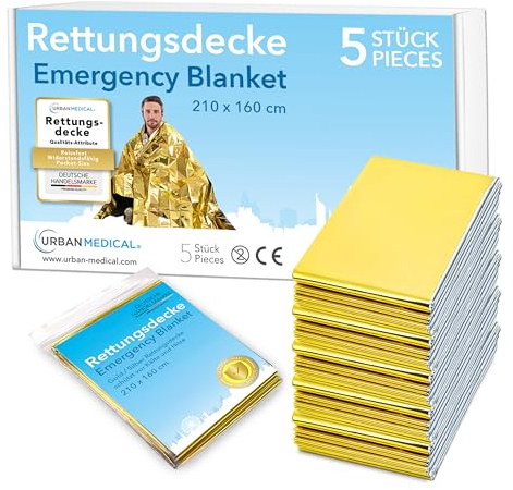 URBAN MEDICAL Premium Coperta Termica di Emergenza | 5-15 Pezzi | Telo Termico Bifacciale - Oro/Argento - Per Kit di Pronto Soccorso e Sopravvivenza - Protezione dal Caldo e dal Freddo - 210 x 160 cm