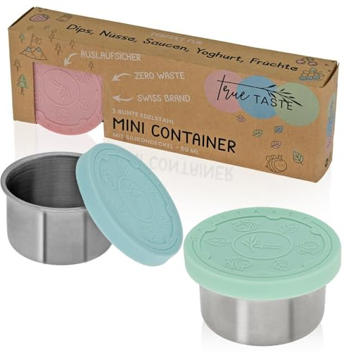 TRUETASTE® Mini Dip Schalen für Kinder | Leicht zu öffnen, Auslaufsicher, BPA frei | Soßenbehälter mit Silikondeckel. Zubehör für Lunchbox und Bento Box: Snacks, Dips, Gewürze und Dressing | 3er Set