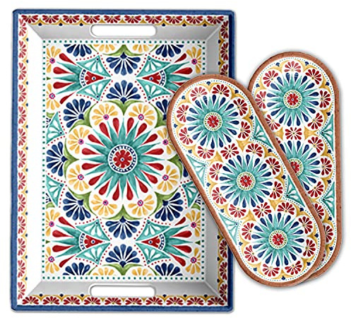 Purely Home Rio Medallion - Outdoor/Picnic/BBQ - Plastic/Melamine - 3 Piece - Serving Platter & Tray Set
