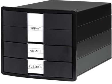 HAN Schubladenbox IMPULS 2.0 Mit 3 Geschlossenen Schubladen Für DIN A4/C4 Inkl. Beschriftungsschilder, Unterlagenbox, Boden Mit Auszugsperre, Möbelschonende Gummifüße, 1017-13, Schwarz